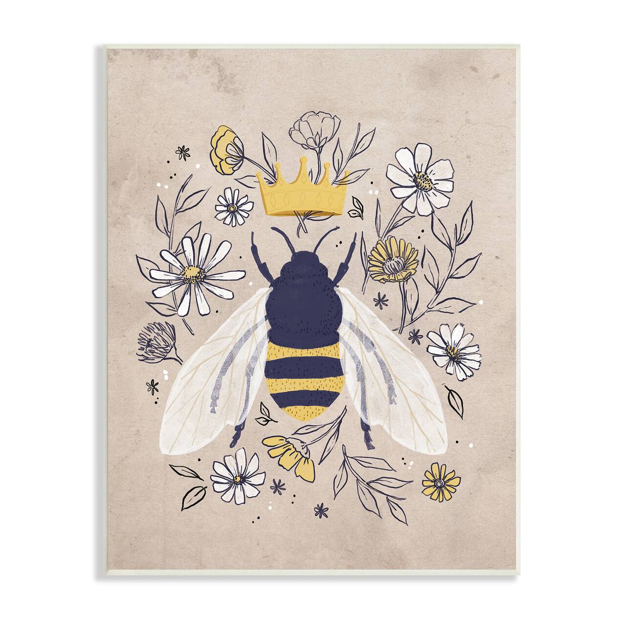 Stupell Industries Queen Bee with Crown Yellow White Daisy Florals Wall Plaque